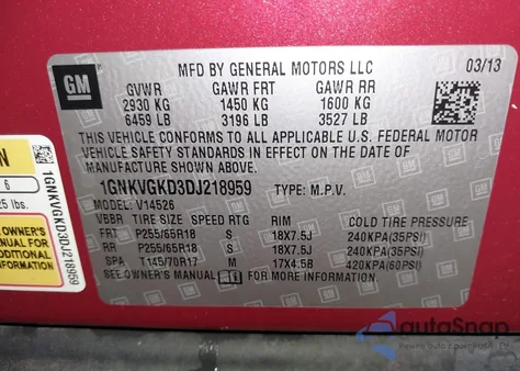 2013 Chevrolet Traverse 1Lt z USA, uszkodzony, nr VIN 1GNKVGKD3DJ218959